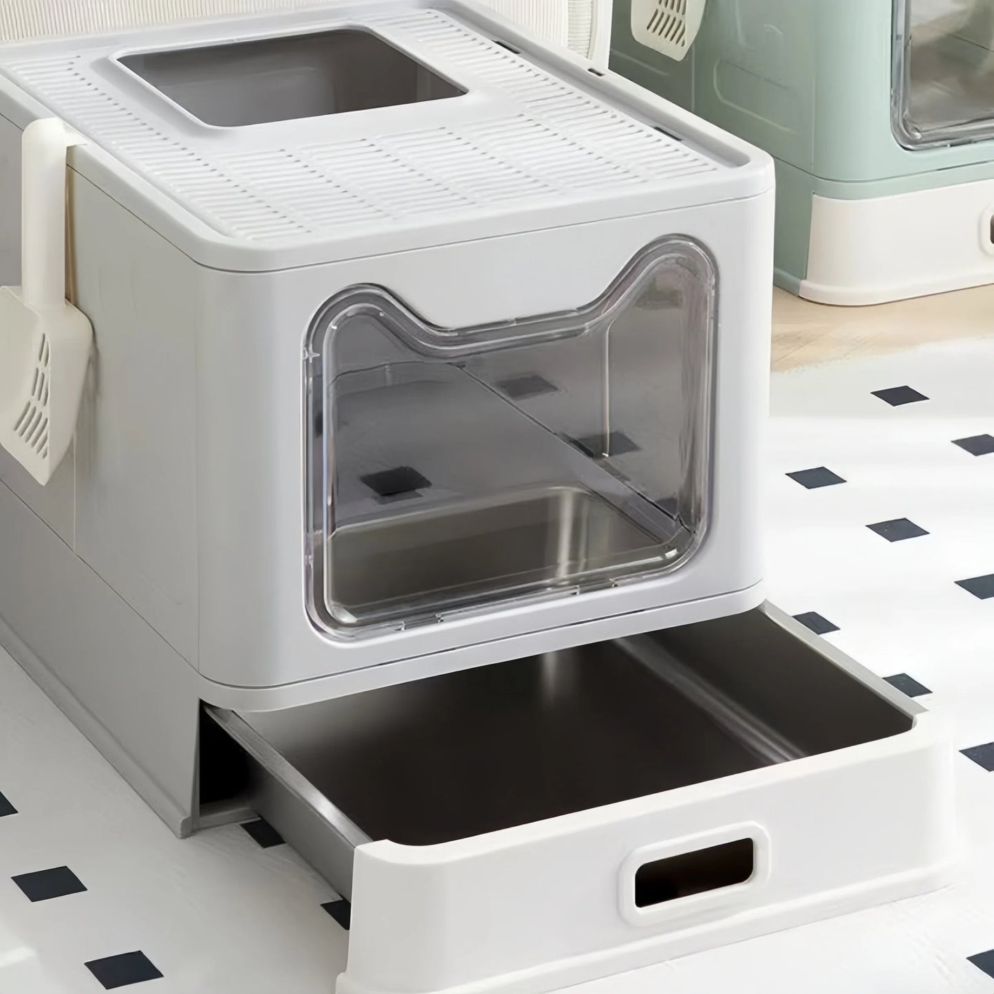 Pre-Order:  51cm Grey Drawer Enclosed Cat Litter Box with Stainless Steel Tray