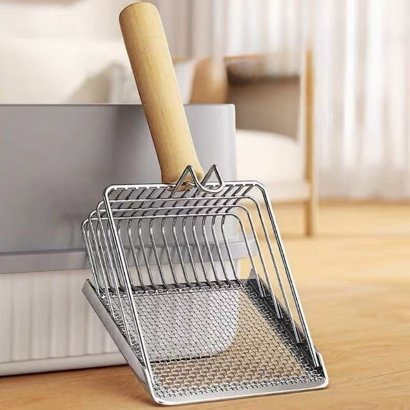 Stainless Steel Cat Litter Scoop with Wooden Handle - OKIEEPET