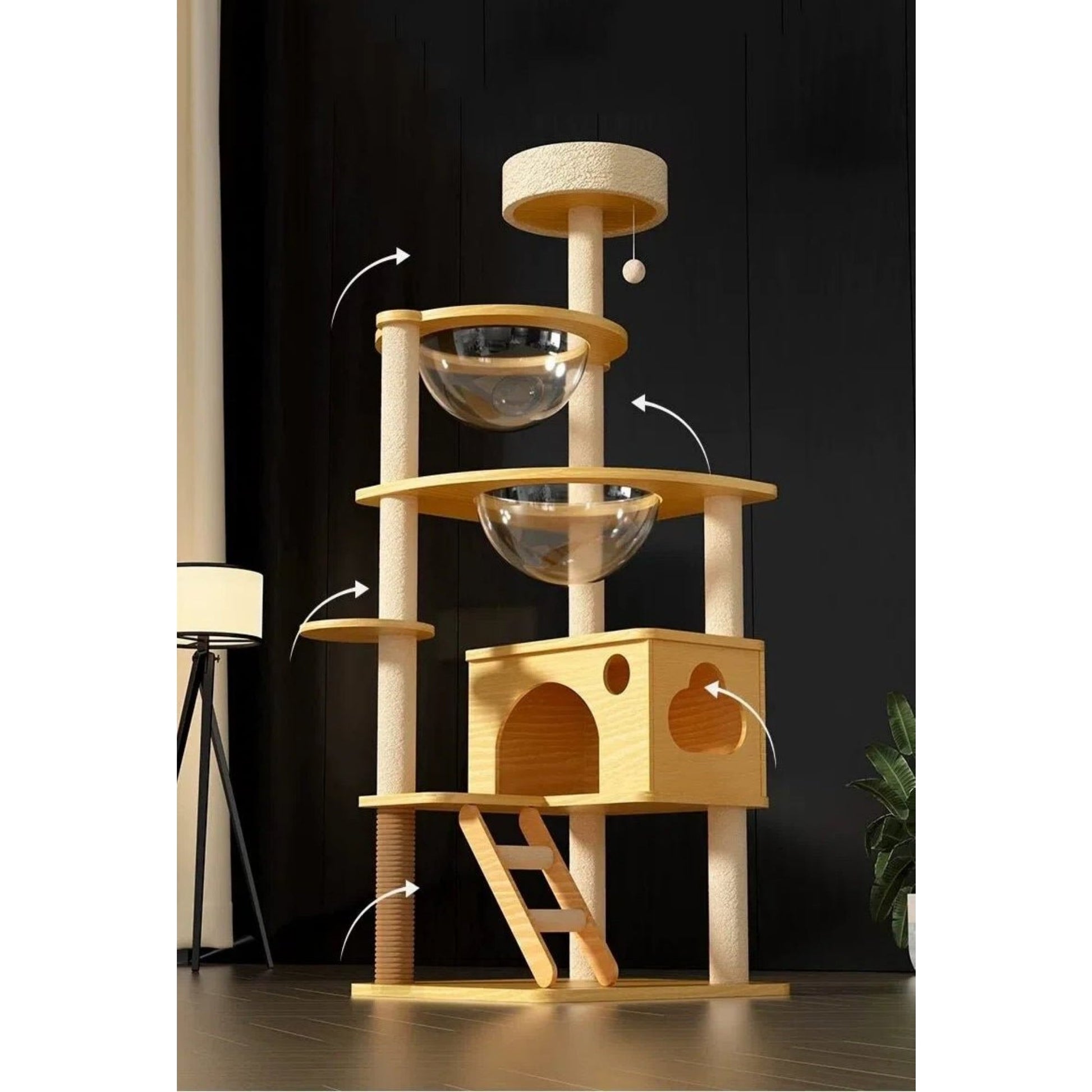 Wooden Cat Tree with Dual Space Capsules 130cm - OKIEEPET