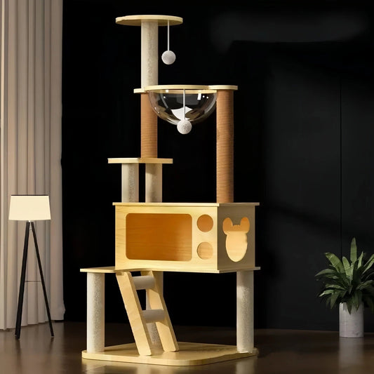 Wooden Cat Tree with Space Capsule 138CM - OKIEEPET